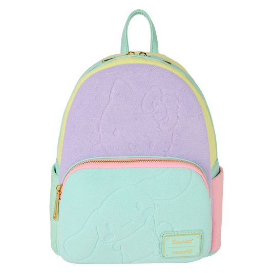 Pastel-colored backpack with a cartoon character on a white background