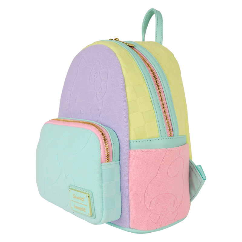 Pastel-colored backpack with a quilted design on a white background