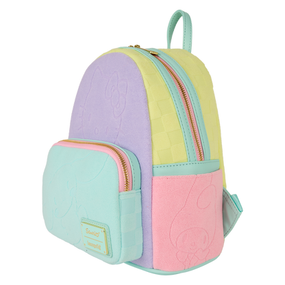 Pastel-colored backpack with a quilted design on a white background