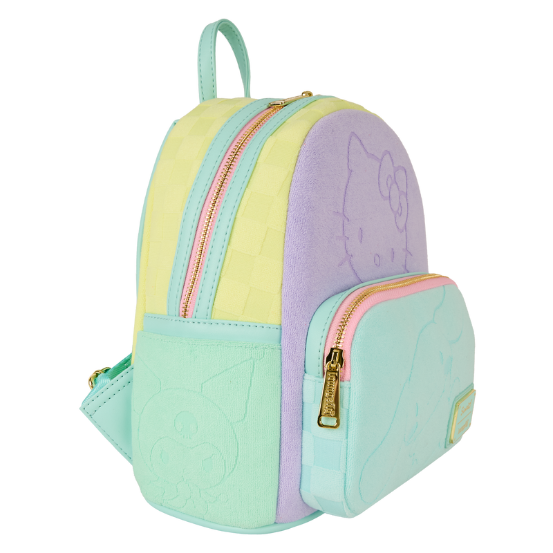 Pastel-colored backpack with a character design on a white background