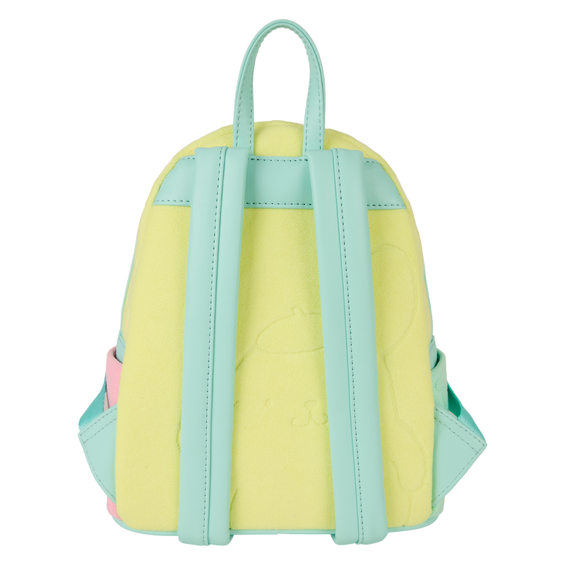 Yellow backpack with green straps on a white background