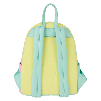 Yellow backpack with green straps on a white background