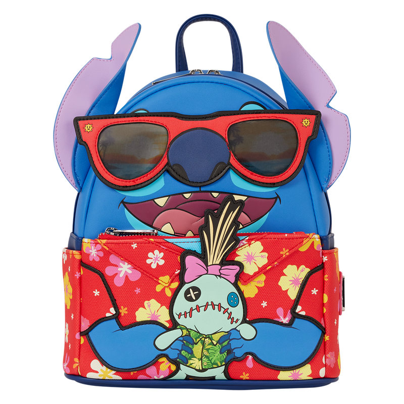 Colorful backpack with cartoon character design on a white background