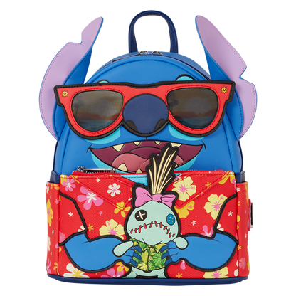 Colorful backpack with cartoon character design on a white background