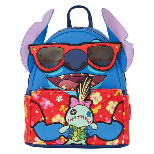 Colorful backpack with cartoon character design on a white background