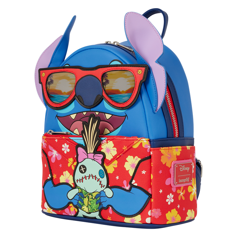 Colorful backpack with cartoon character design on a white background