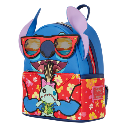 Colorful backpack with cartoon character design on a white background