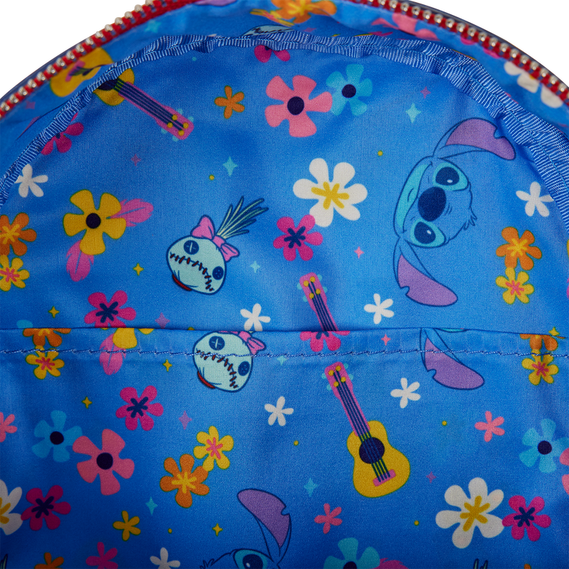 Blue bag with cartoon character and colorful flowers on a blue background