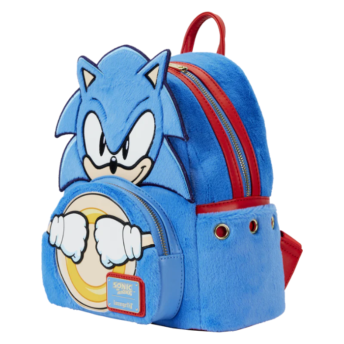 Blue backpack with Sonic the Hedgehog design on a white background