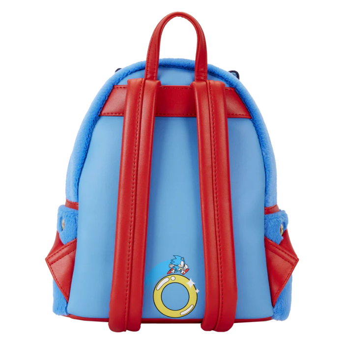 Blue and red backpack with cartoon character on a white background