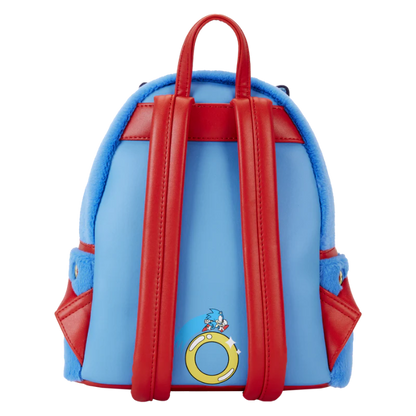 Blue and red backpack with cartoon character on a white background