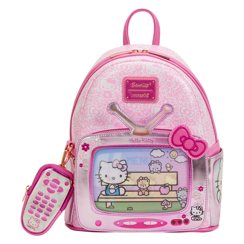 Pink Hello Kitty backpack with cartoon design on a white background