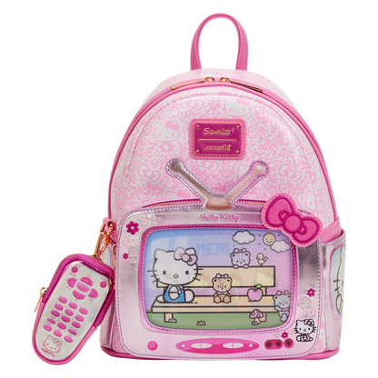 Pink Hello Kitty backpack with cartoon design on a white background
