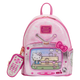 Pink Hello Kitty backpack with cartoon design on a white background