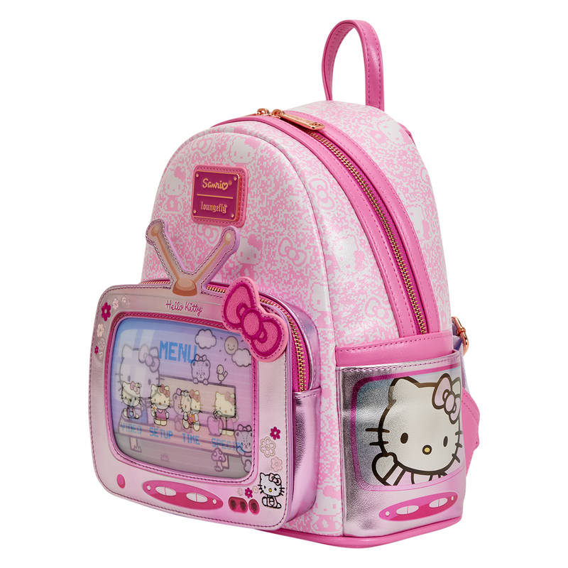 Pink Hello Kitty backpack with character design on a white background