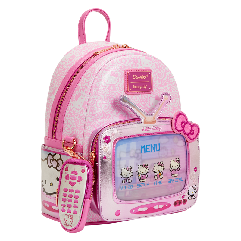 Pink backpack with Hello Kitty design on a white background