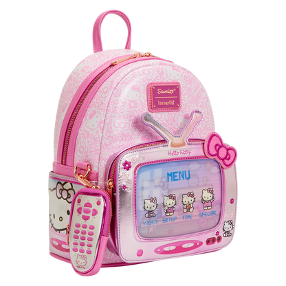 Pink backpack with Hello Kitty design on a white background
