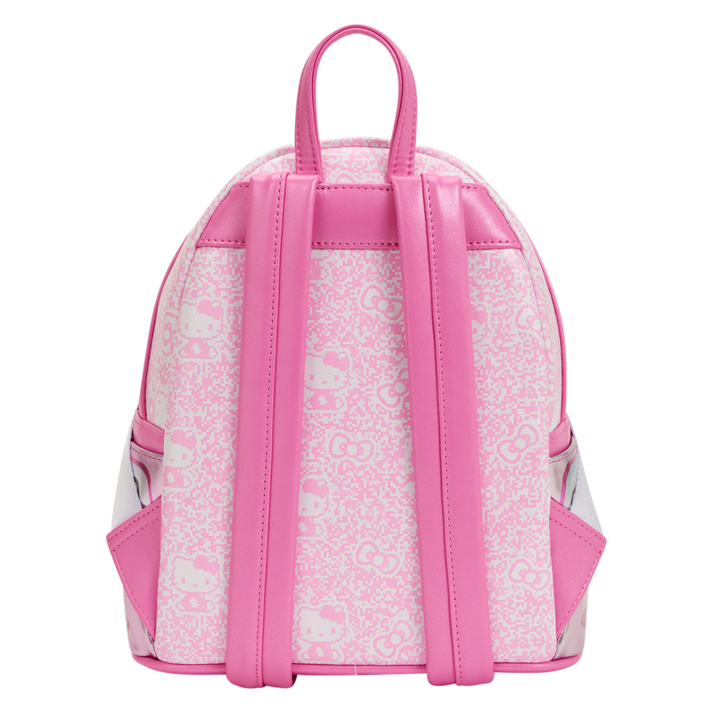 Pink and white patterned backpack on a white background