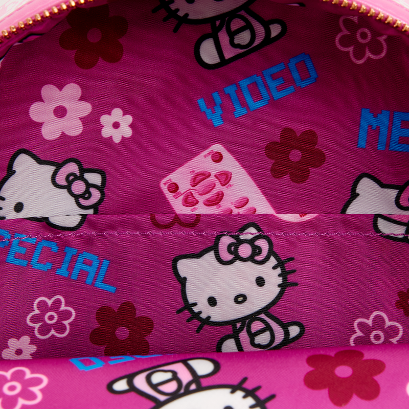 Pink pouch with Hello Kitty design featuring flowers and text.