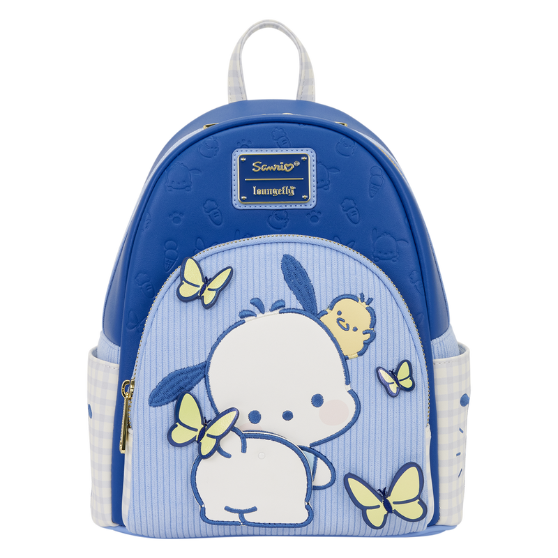 Backpack with cartoon character and butterfly design on a white background