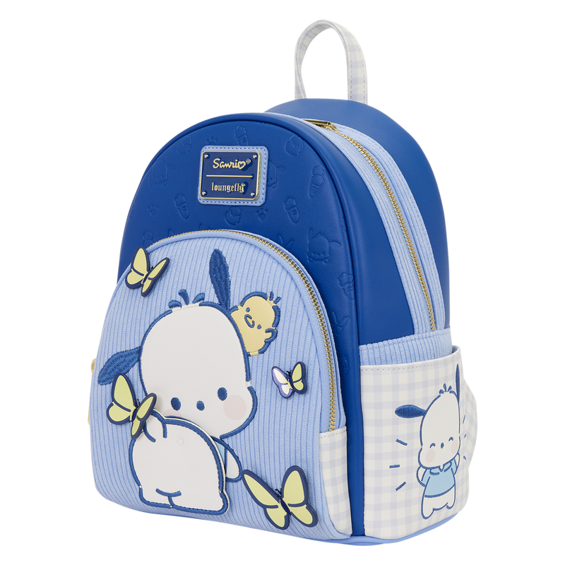 Blue children's backpack with cartoon character and butterfly design on a white background