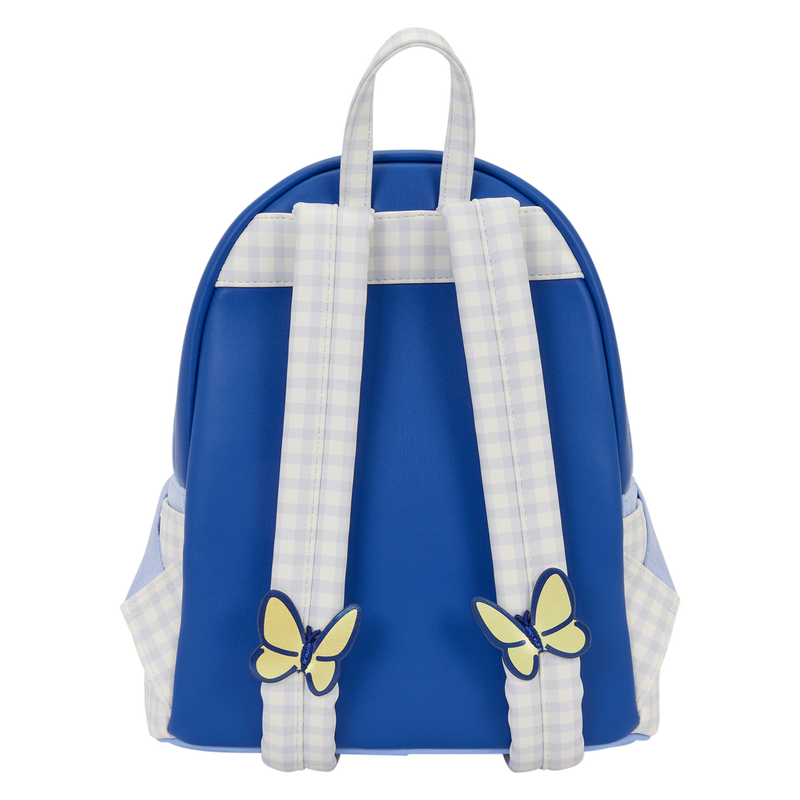 Blue backpack with butterfly designs on a white background