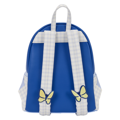 Blue backpack with butterfly designs on a white background