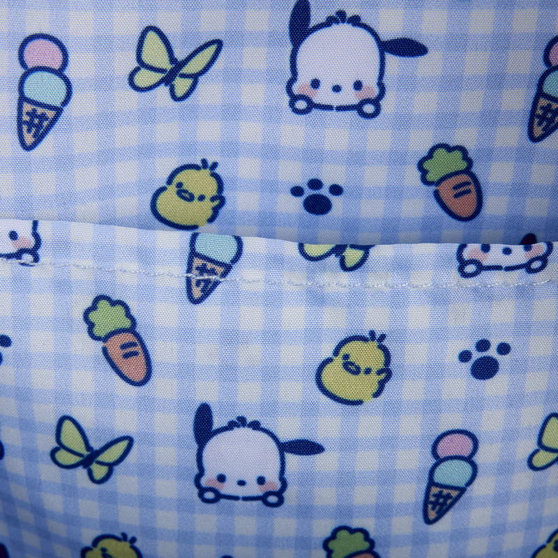 Fabric with cartoon characters and checkered pattern on a blue and white background