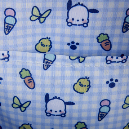 Fabric with cartoon characters and checkered pattern on a blue and white background