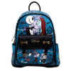 Disney Nightmare Before Christmas backpack featuring Jack Skellington and Sally on the front, with a black pebbled leather flap and gold-tone hardware, set against a plain white background.