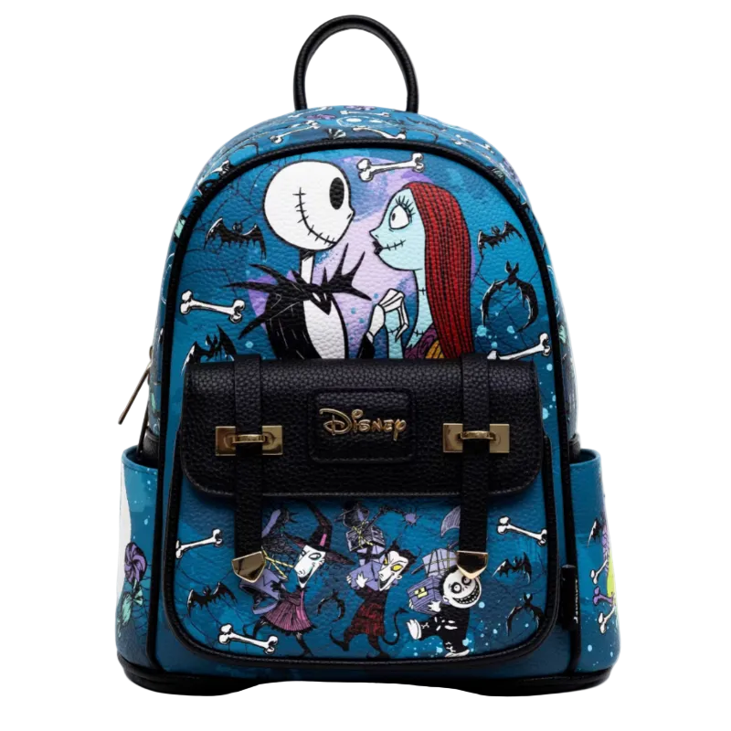 Disney Nightmare Before Christmas backpack featuring Jack Skellington and Sally on the front, with a black pebbled leather flap and gold-tone hardware, set against a plain white background.