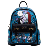 Disney Nightmare Before Christmas backpack featuring Jack Skellington and Sally on the front, with a black pebbled leather flap and gold-tone hardware, set against a plain white background.