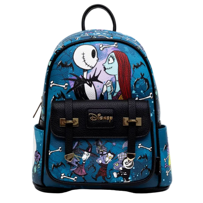 Disney Nightmare Before Christmas backpack featuring Jack Skellington and Sally on the front, with a black pebbled leather flap and gold-tone hardware, set against a plain white background.