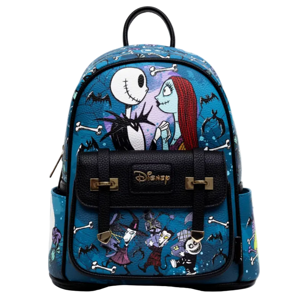 Disney Nightmare Before Christmas backpack featuring Jack Skellington and Sally on the front, with a black pebbled leather flap and gold-tone hardware, set against a plain white background.