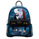 Disney Nightmare Before Christmas backpack featuring Jack Skellington and Sally on the front, with a black pebbled leather flap and gold-tone hardware, set against a plain white background.