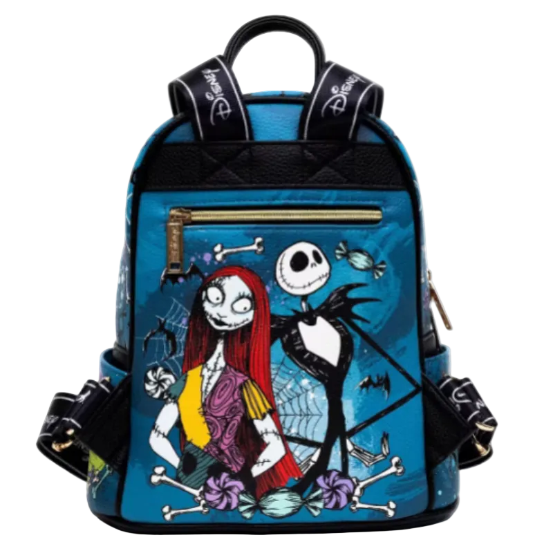 A Disney-themed backpack featuring characters from 'The Nightmare Before Christmas' including Sally and Jack Skellington, set against a blue background with black straps and gold zipper accents.
