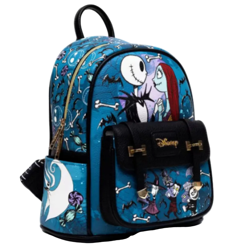 A blue Disney Nightmare Before Christmas backpack featuring Jack Skellington and Sally on the front, with a black front pocket, gold-tone hardware, and a side pocket on a white background.