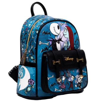 A blue Disney Nightmare Before Christmas backpack featuring Jack Skellington and Sally on the front, with a black front pocket, gold-tone hardware, and a side pocket on a white background.