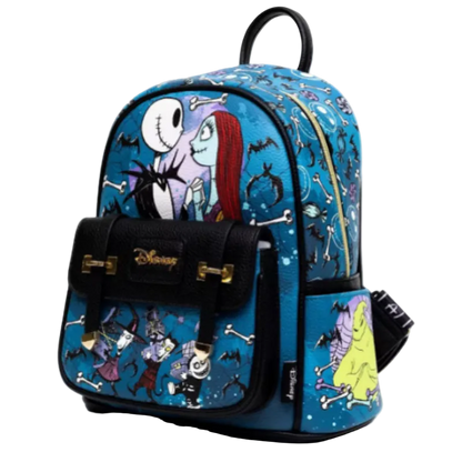 A Disney-themed backpack featuring characters from 'The Nightmare Before Christmas' including Sally, Jack Skellington, and the Ghostface, printed on a blue background with black and white skeleton motifs. The backpack has black faux-leather trim, gold-tone hardware, and a front pocket with a Disney logo.