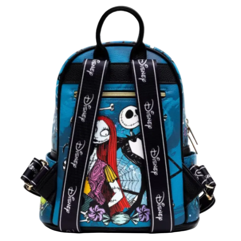 A Disney-themed backpack featuring a blue background with a printed illustration of Sally from The Nightmare Before Christmas, black shoulder straps with white Disney logos, and gold-tone hardware, shown against a plain white background.