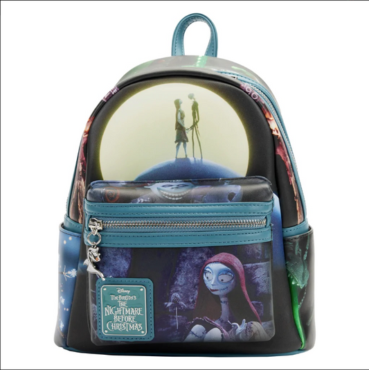 Disney The Nightmare Before Christmas mini backpack featuring Sally, Jack Skellington, and a moon-globe graphic, with teal zippers and a hanging keychain charm.