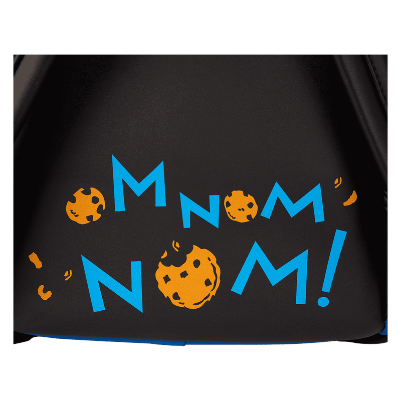 Black bag with 'M NOM NOM!' text and cookie graphics in blue and orange.