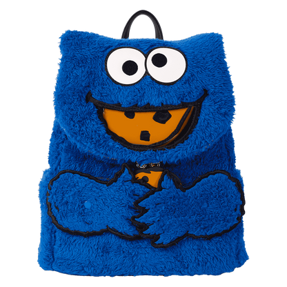 Blue furry backpack with a smiling face design on a white background