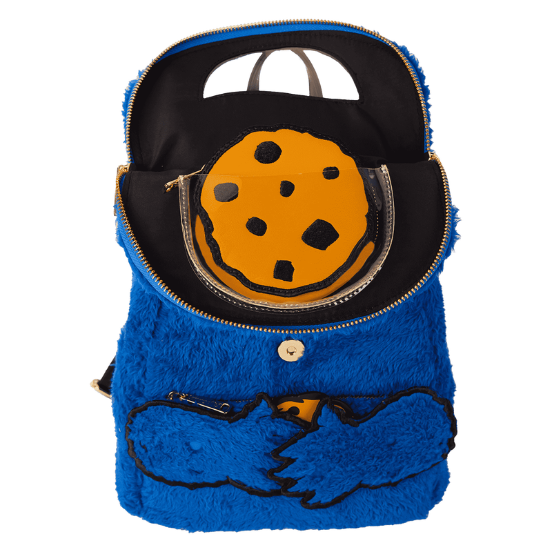 Blue furry backpack with a cookie design on a white background