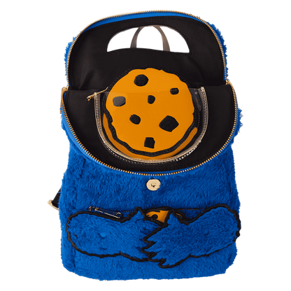 Blue furry backpack with a cookie design on a white background
