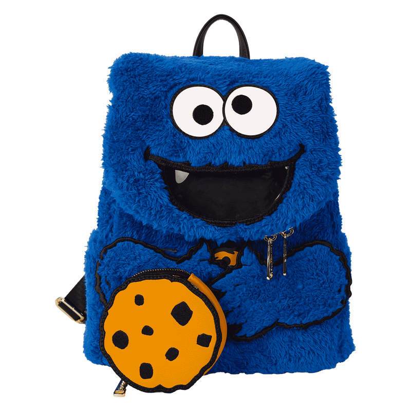 Blue furry backpack with Cookie Monster design on a white background