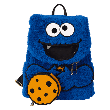 Blue furry backpack with Cookie Monster design on a white background