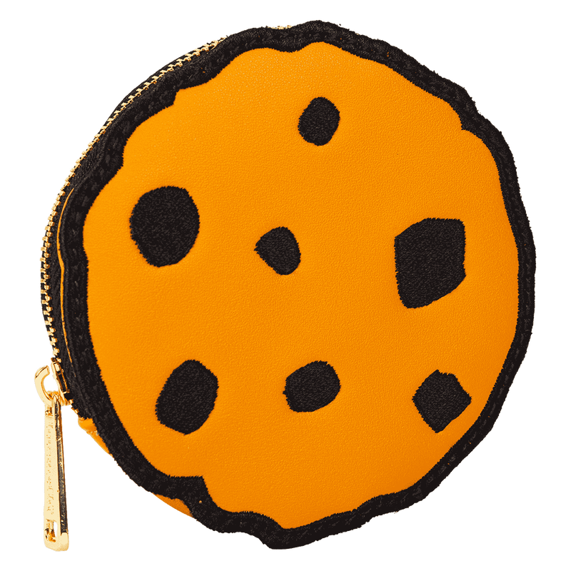 Round coin purse designed like a cookie with black dots on an orange background