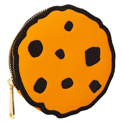 Round coin purse designed like a cookie with black dots on an orange background
