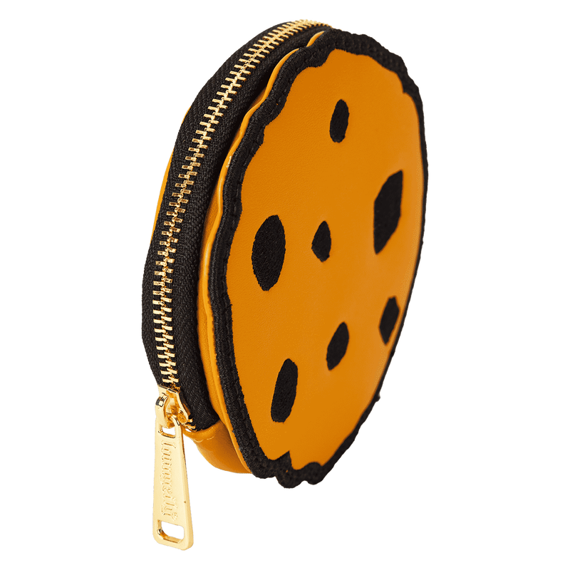 Cookie-shaped coin purse with gold zipper on a white background